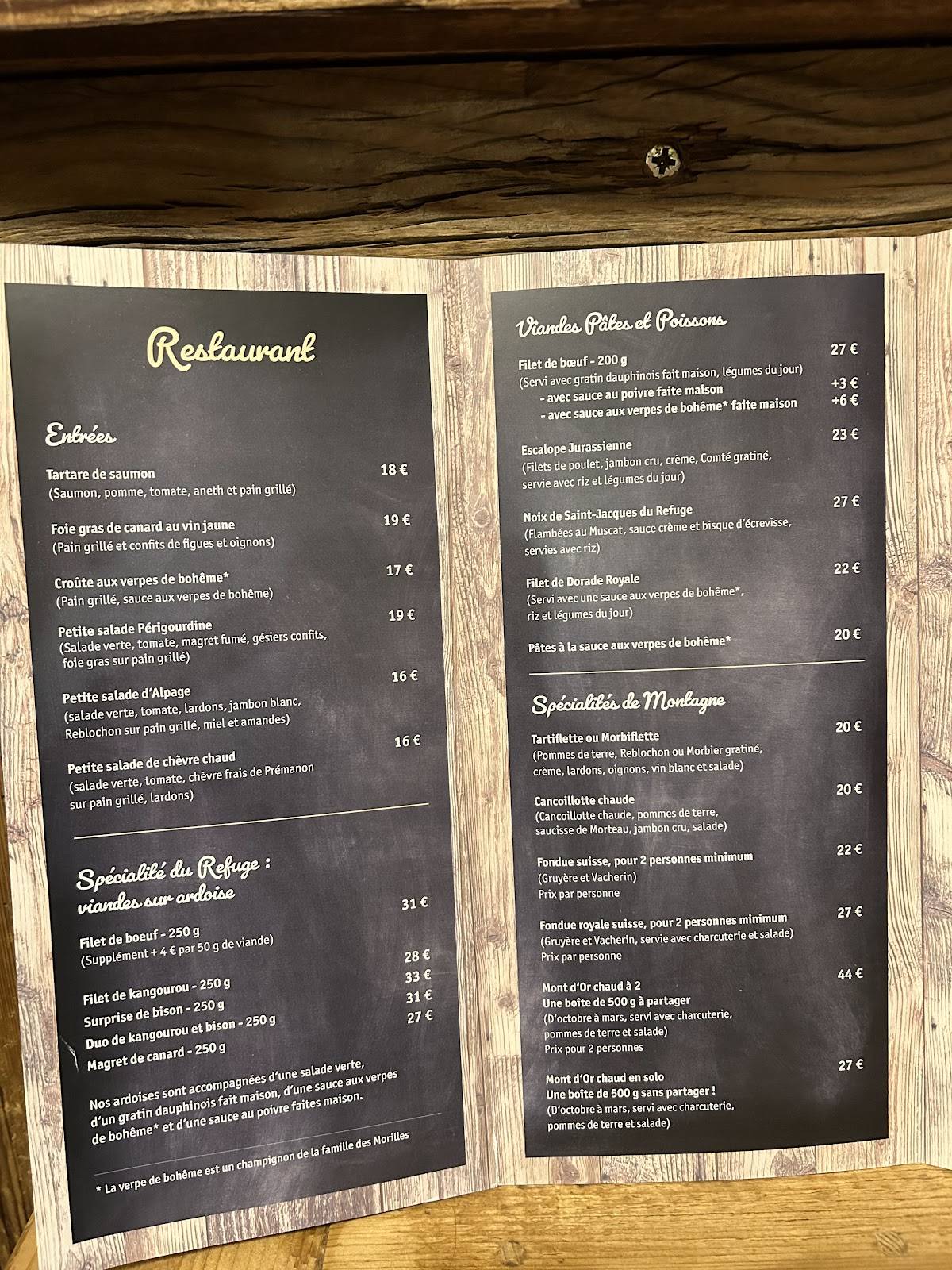 Menu de Le Refuge