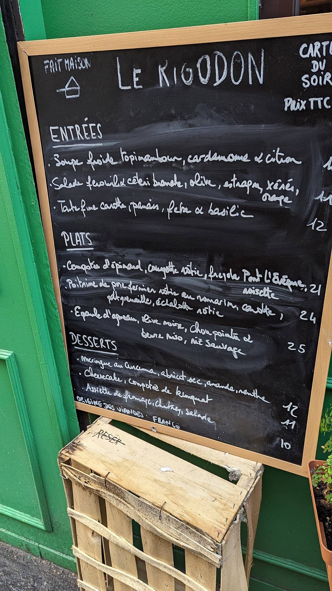 Menu at Le Rigodon restaurant, Paris