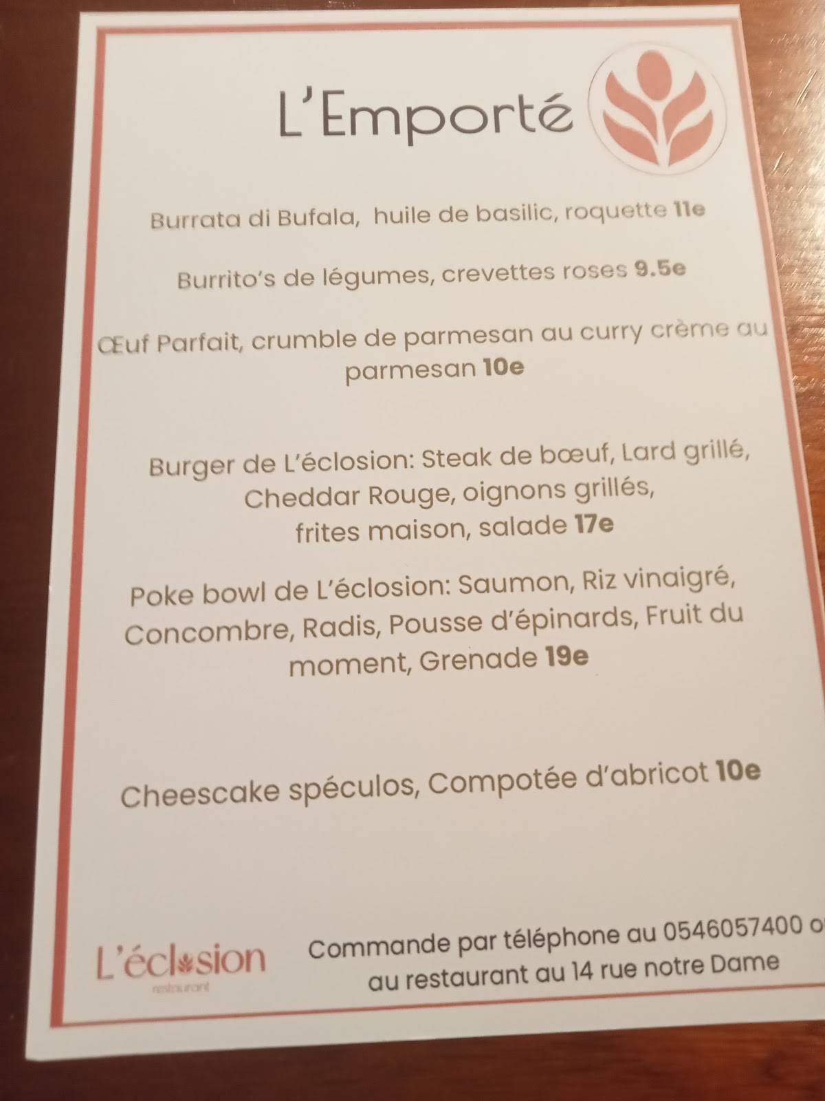 Menu de L'éclosion