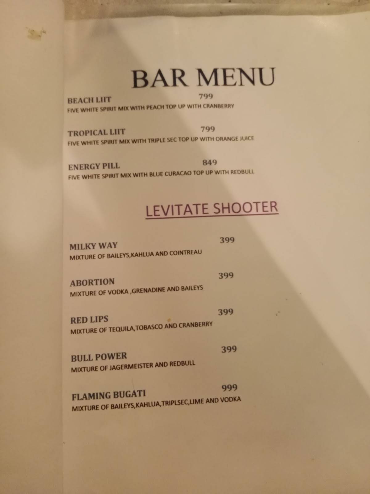 Levitate Rooftop Restaurant menu