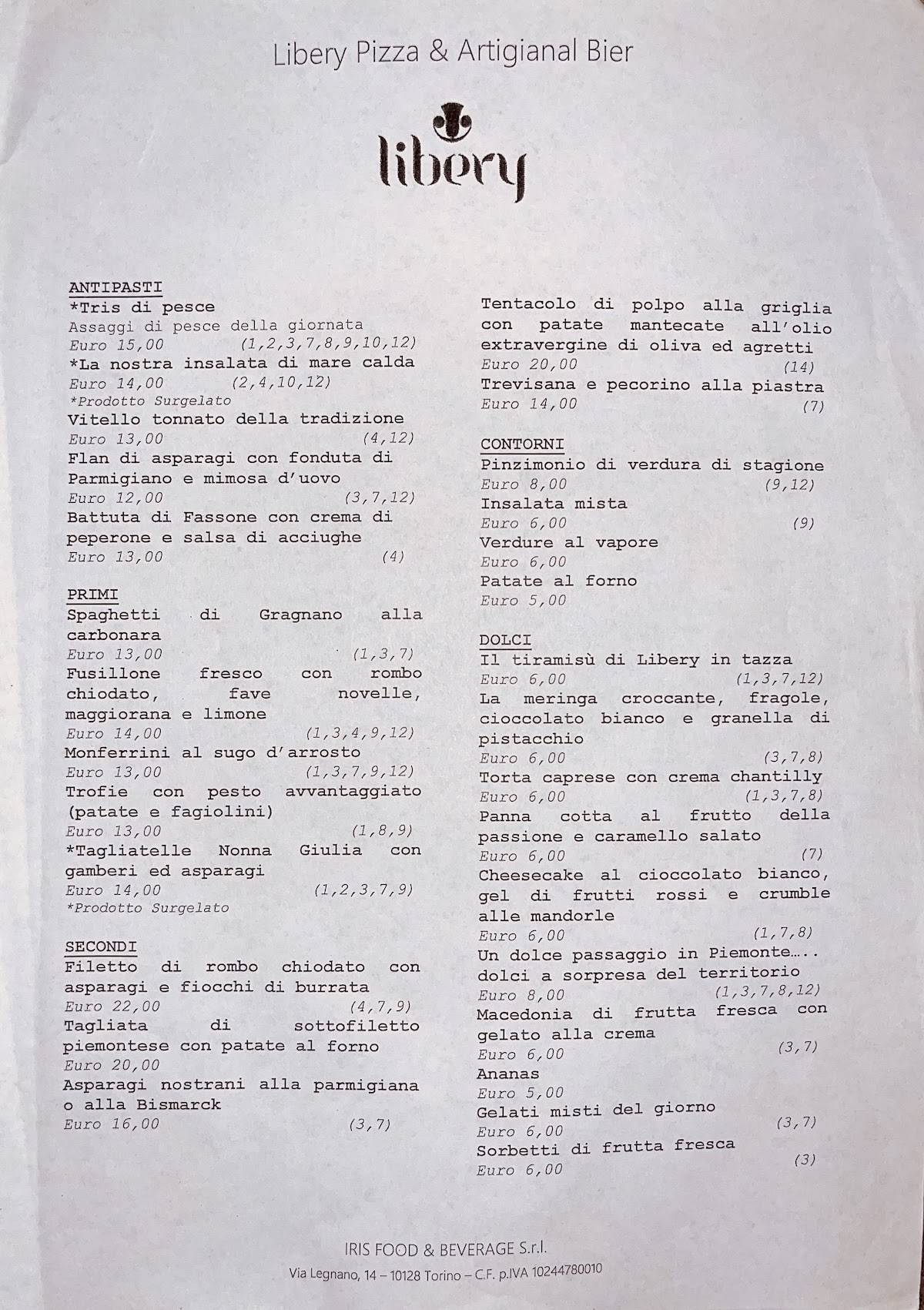 Menu di Libery Pizza & cucina , Artigianal Beer 
