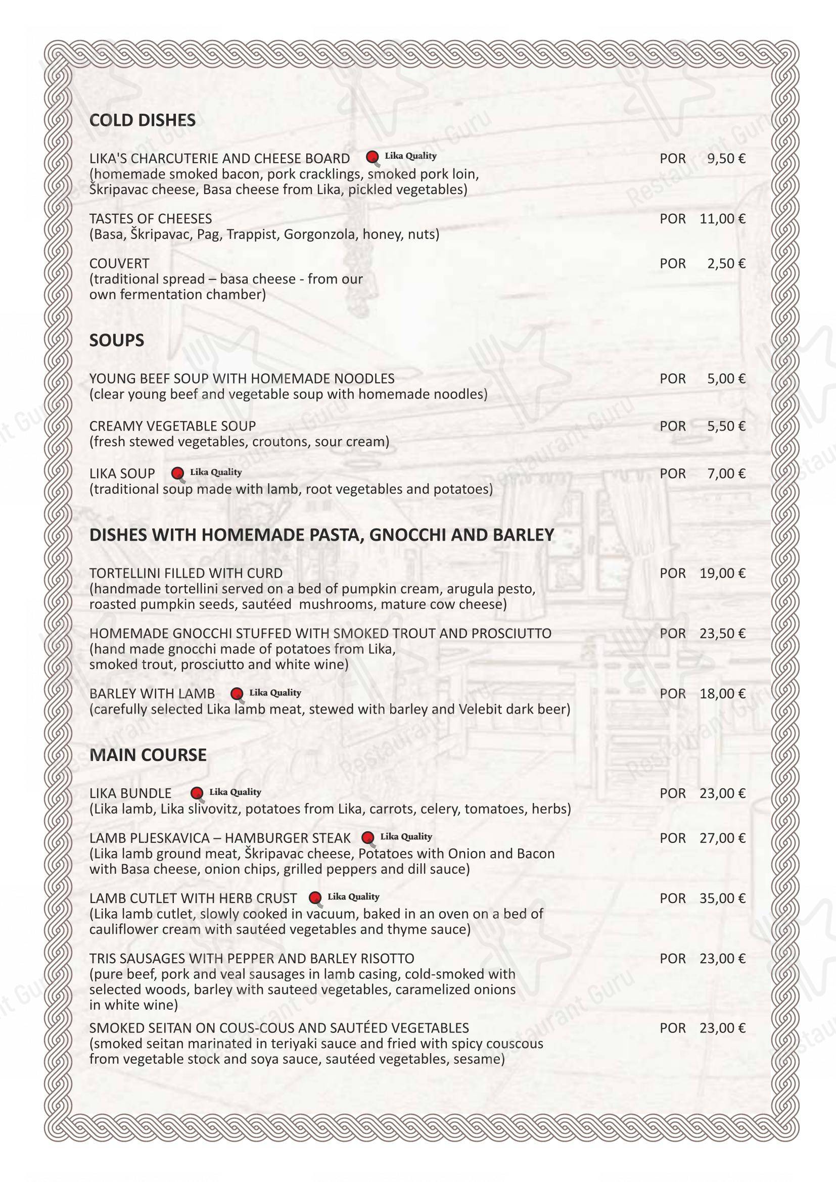 Lička kuća Restaurant - Plitvice Lakes dans Rastovača - Menu