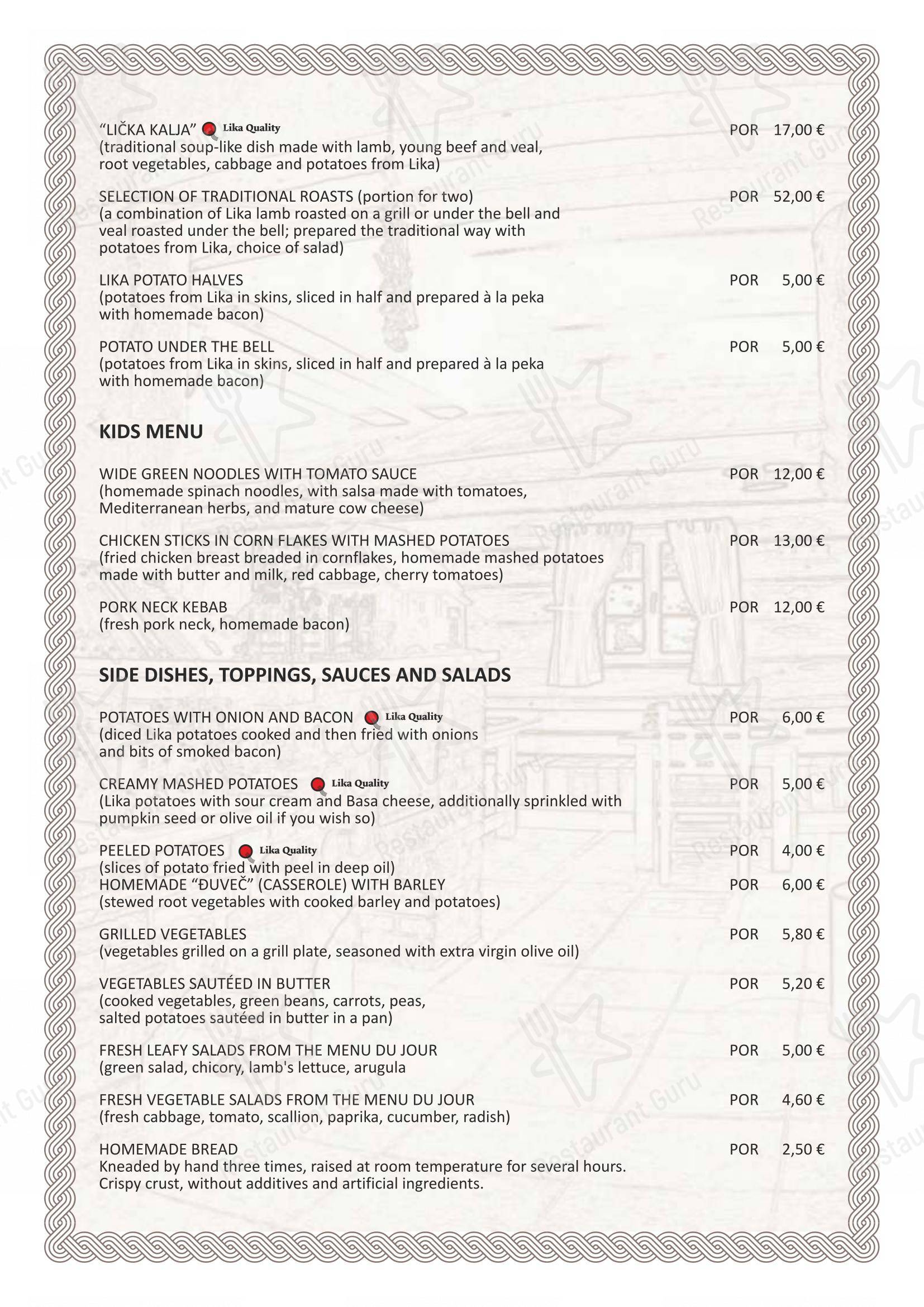 Lička kuća Restaurant - Plitvice Lakes dans Rastovača - Menu