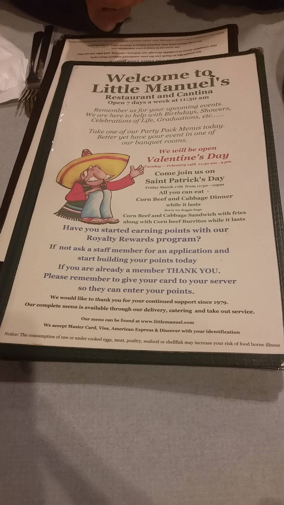 Menu at Little Manuel's restaurant, Antioch