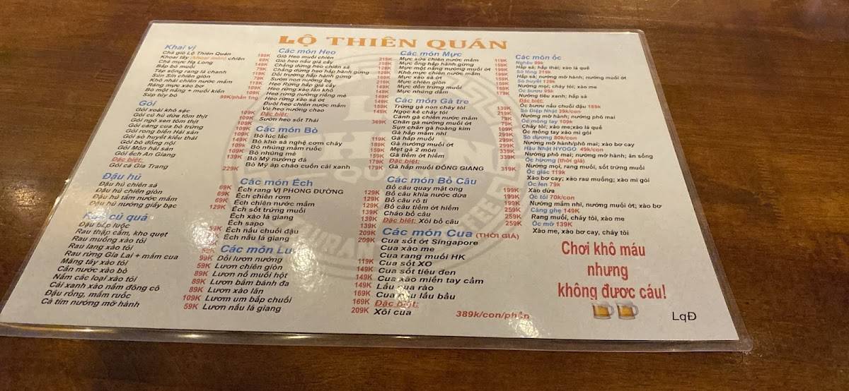 Menu at Lộ Thiên Quán restaurant, Ho Chi Minh City, 526 Lê Quang Định