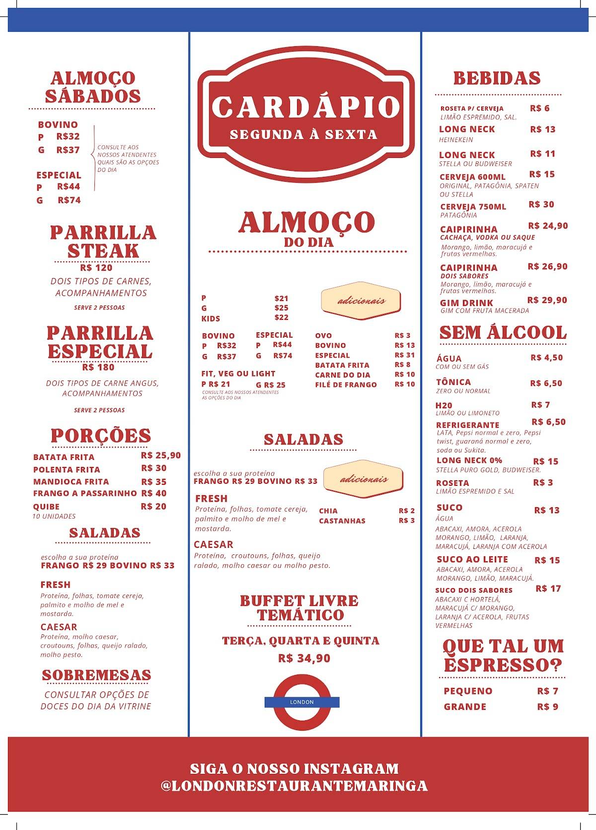 London Restaurante e Cafeteria cardápio