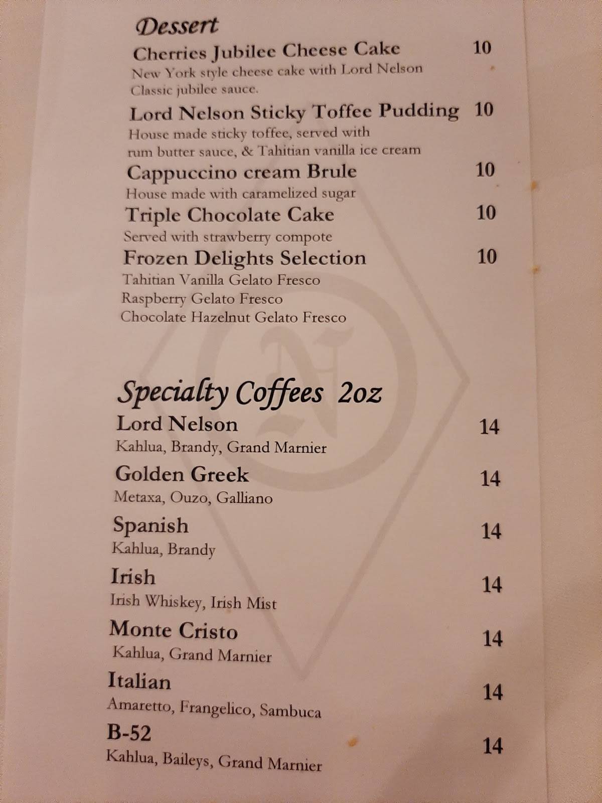 Menu de Lord Nelson Steak House