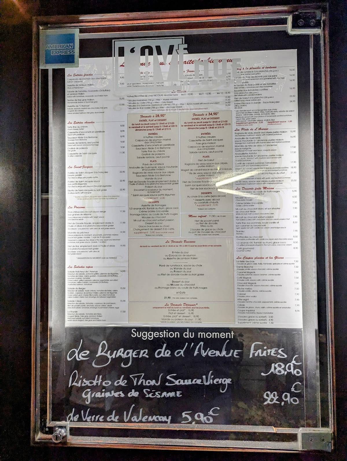 Menu de Restaurant L'Avenue