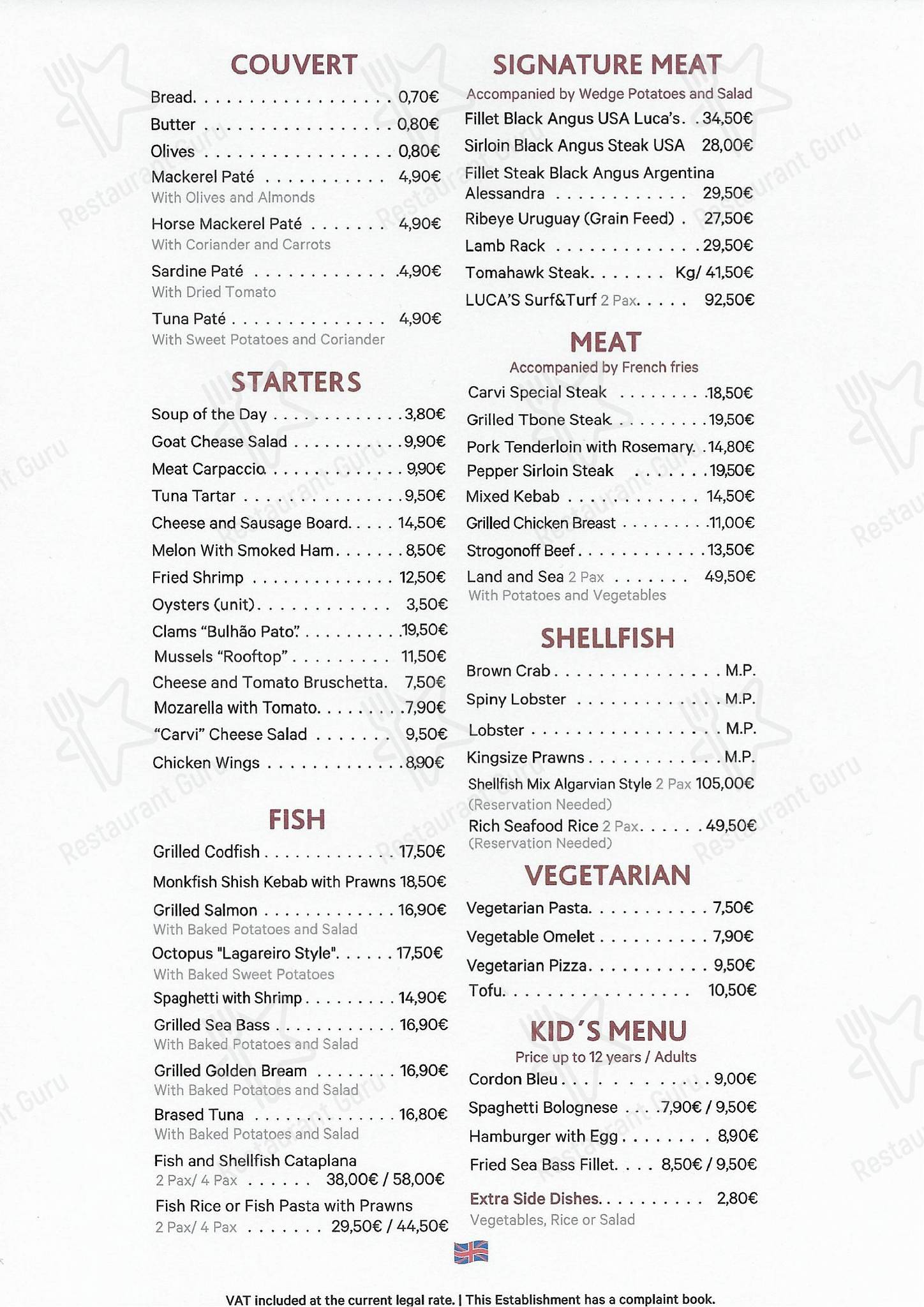 Menu at Luca’s Rooftop Restaurant, Lagos