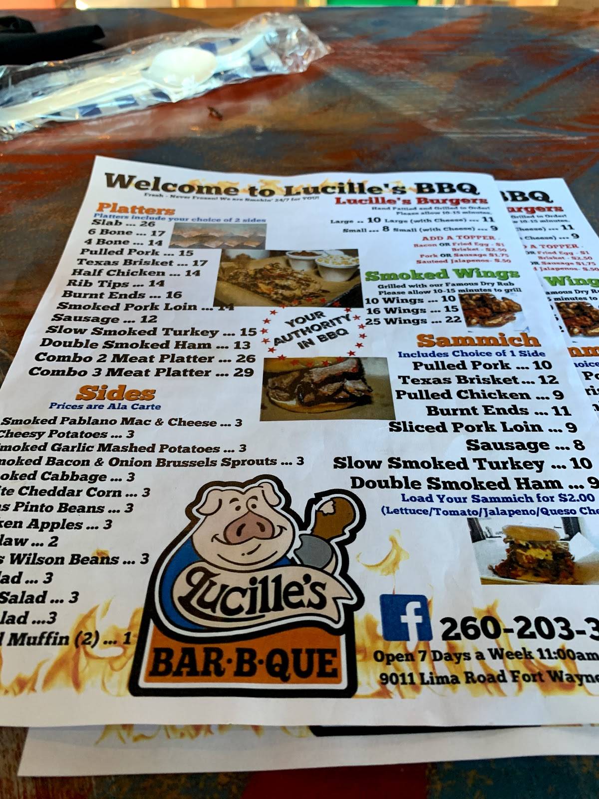 Menu at Lucille's BBQ, Fort Wayne