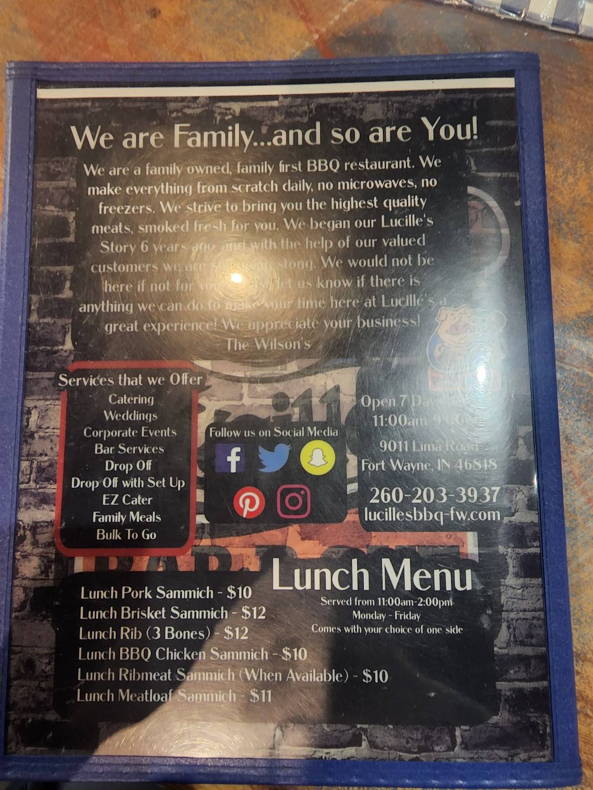 Menu at Lucille's BBQ, Fort Wayne