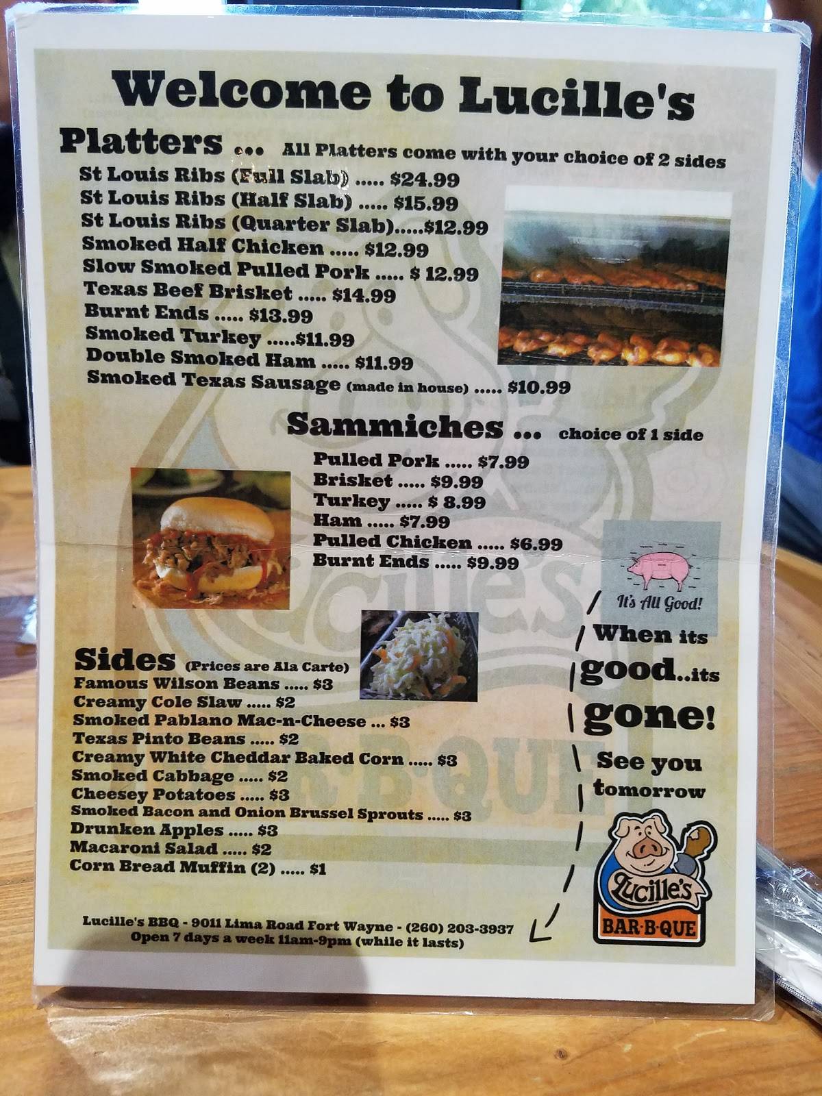 Menu at Lucille's BBQ, Fort Wayne