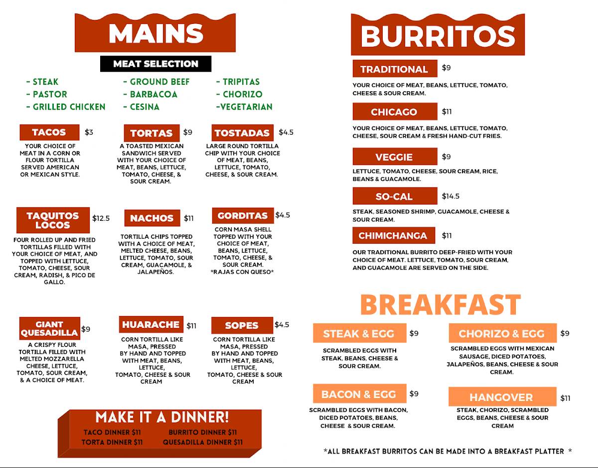 Menu at Lucky Burrito restaurant, Alsip