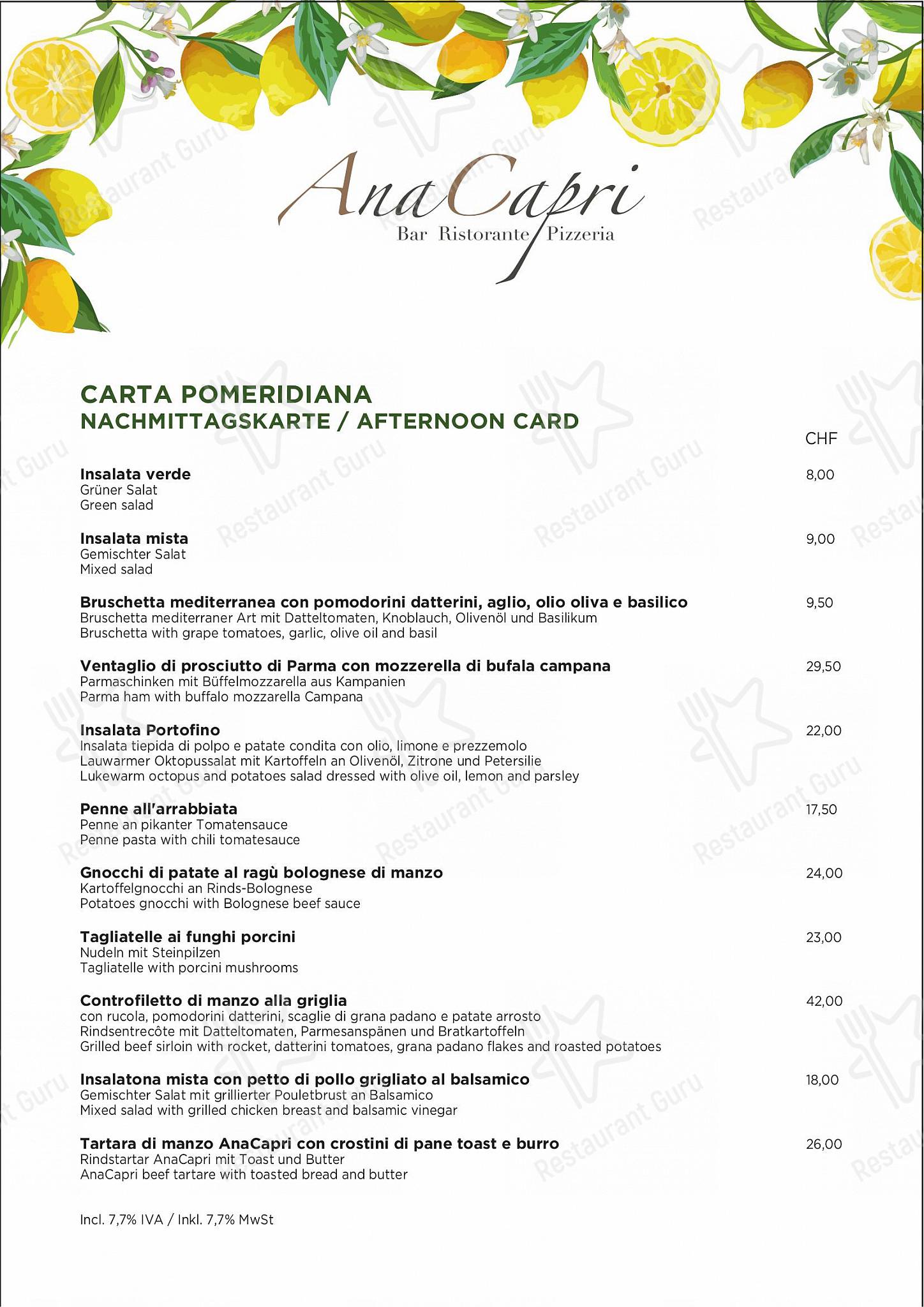 Ristorante Anacapri Lugano in Lugano - At Home Catering Menu
