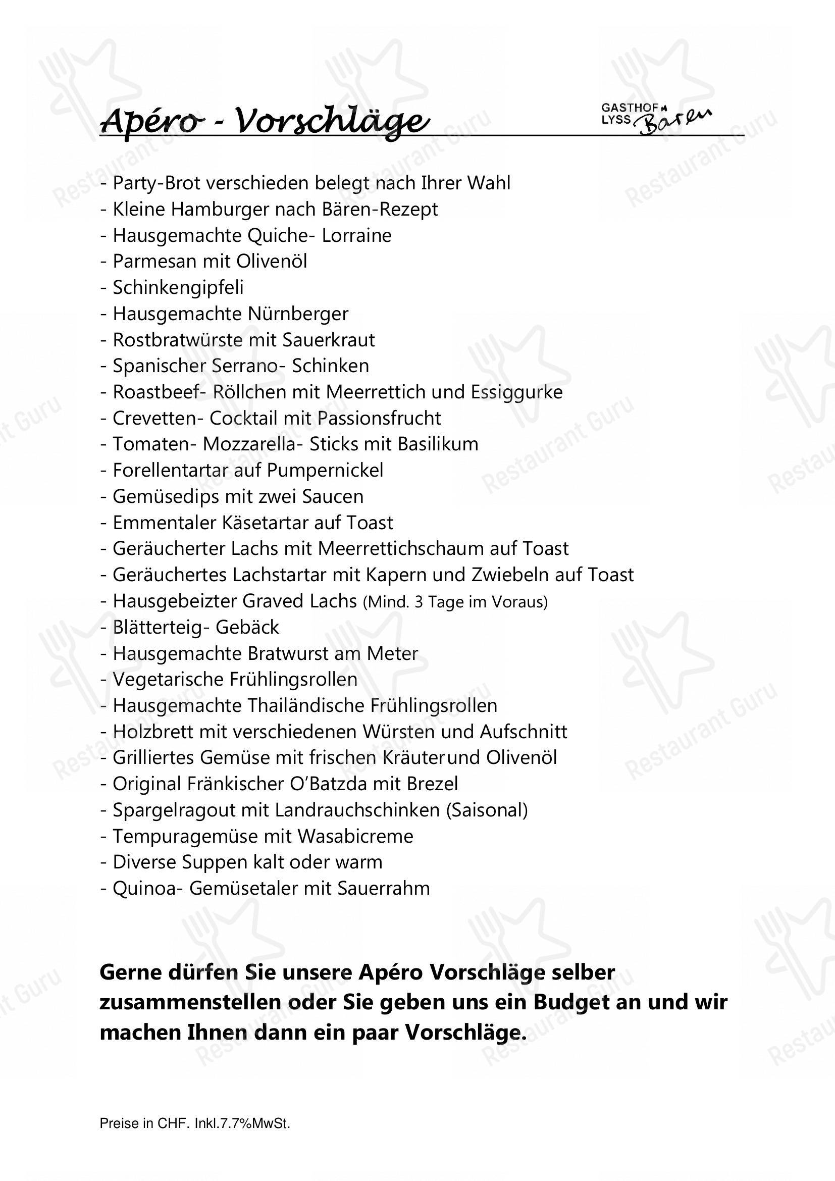 Menu bar per Gasthof Bären Rapperswil ristorante