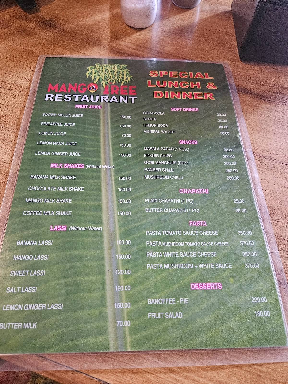MANGO TREE RESTAURANT menu