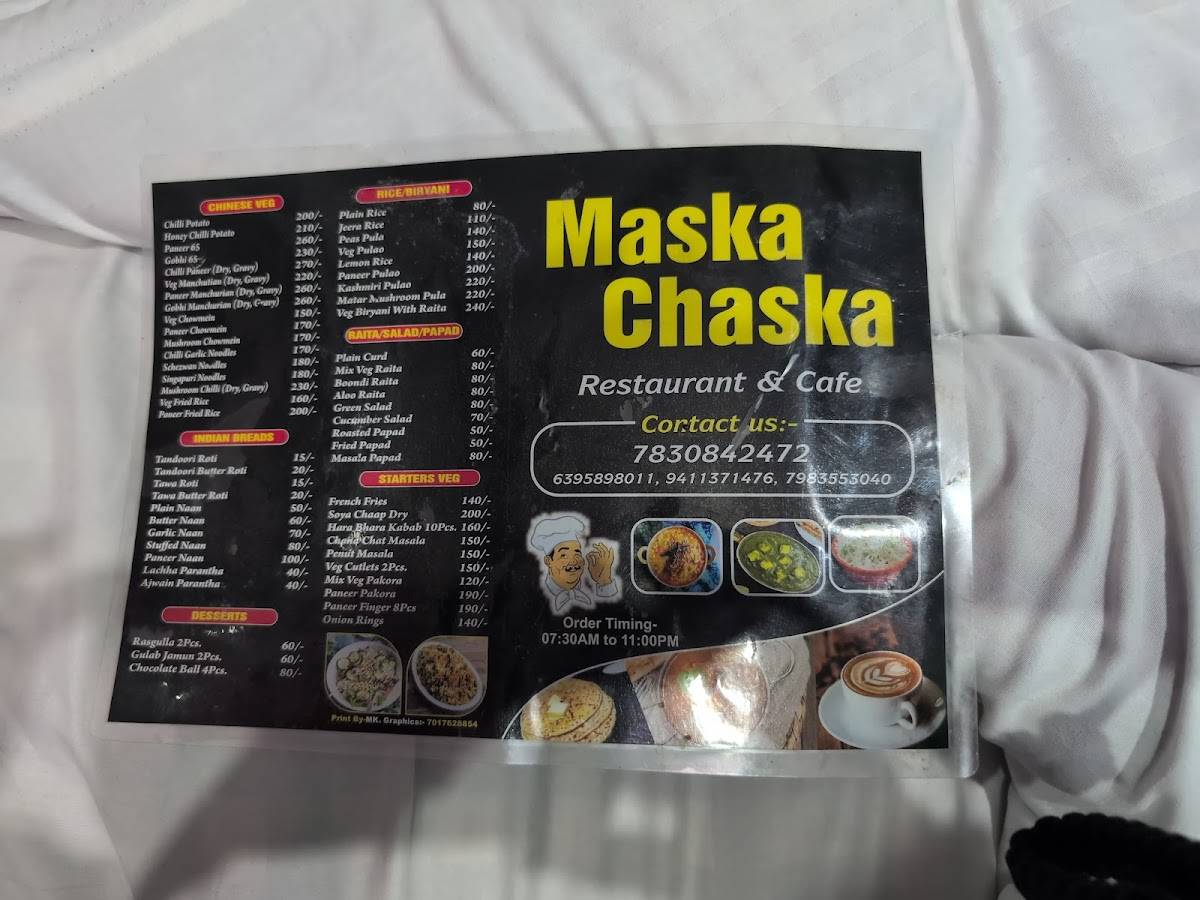 MASKA CHASKA Restaurant and Cafe menu