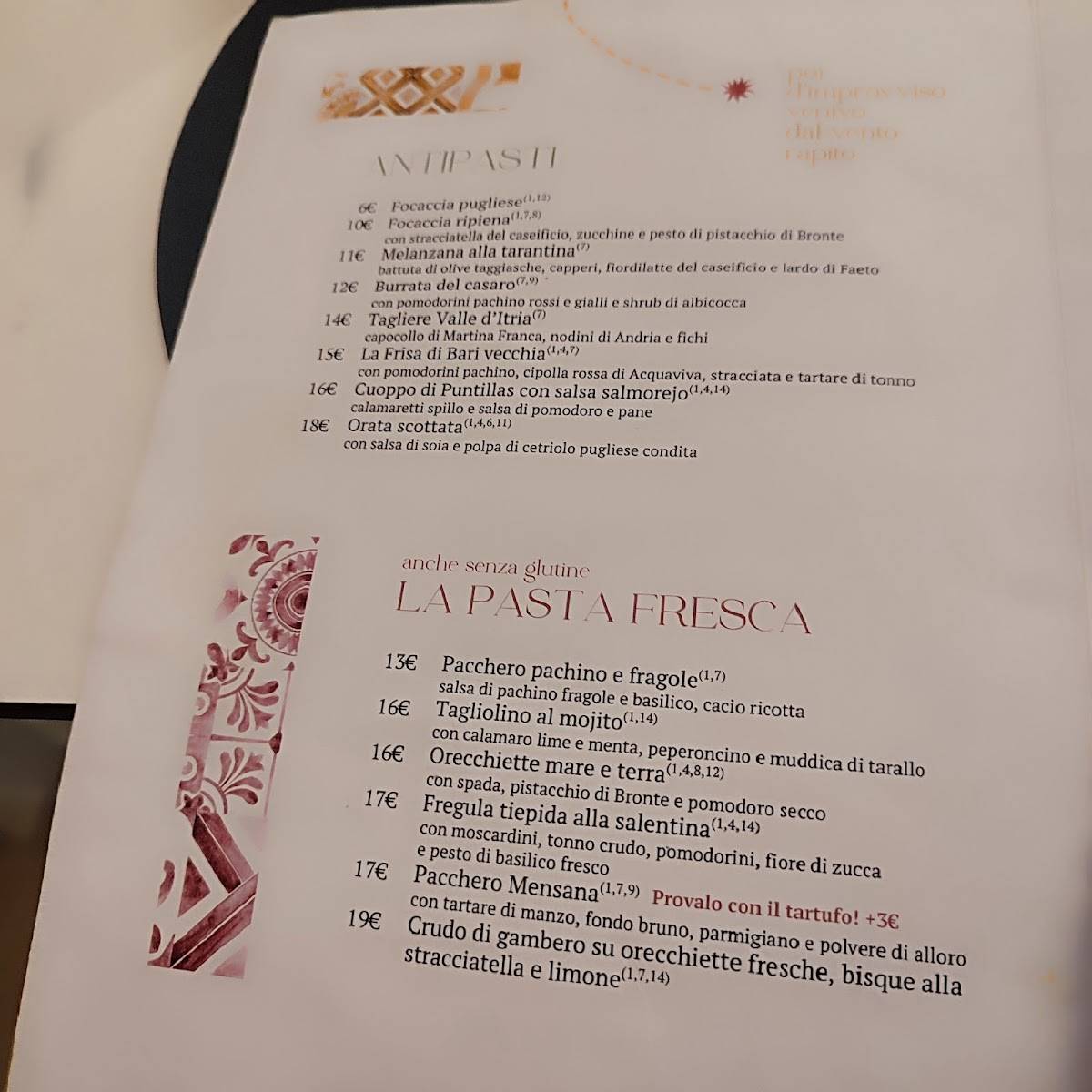Menu di MENSANA Masseria Urbana 