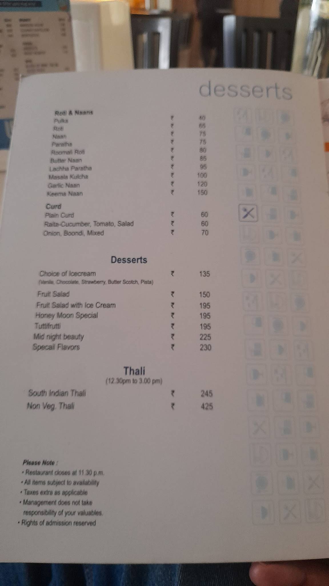 Hotel Minerva Grand menu