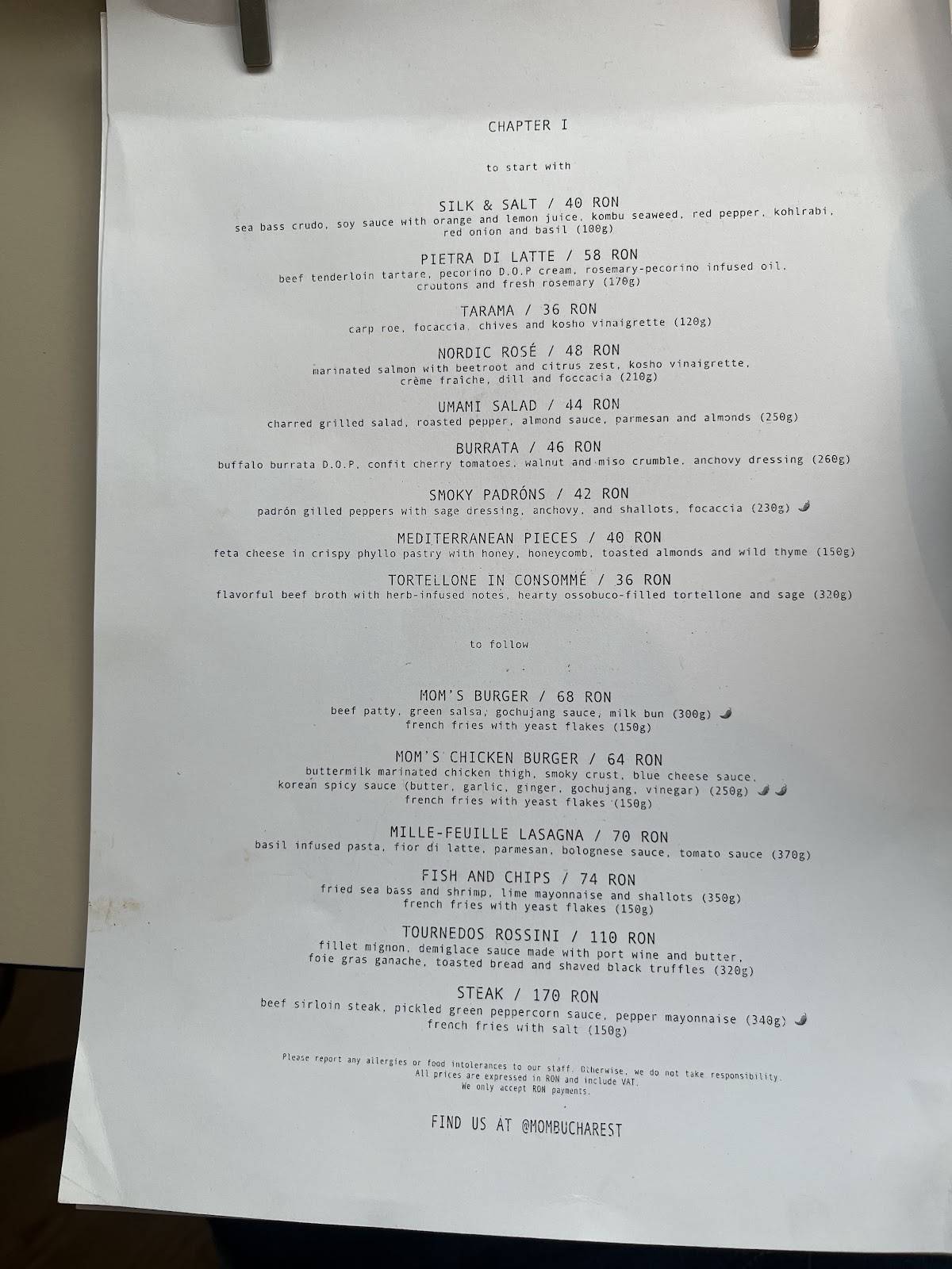 Menu de MOM Bucharest