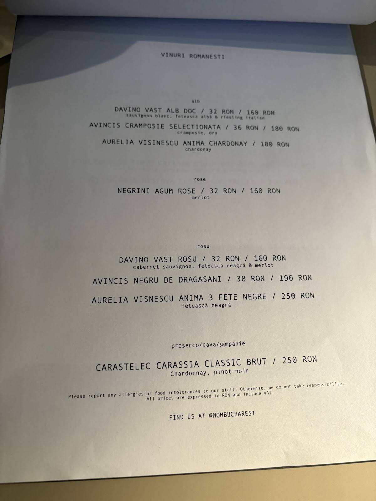 Menu de MOM Bucharest