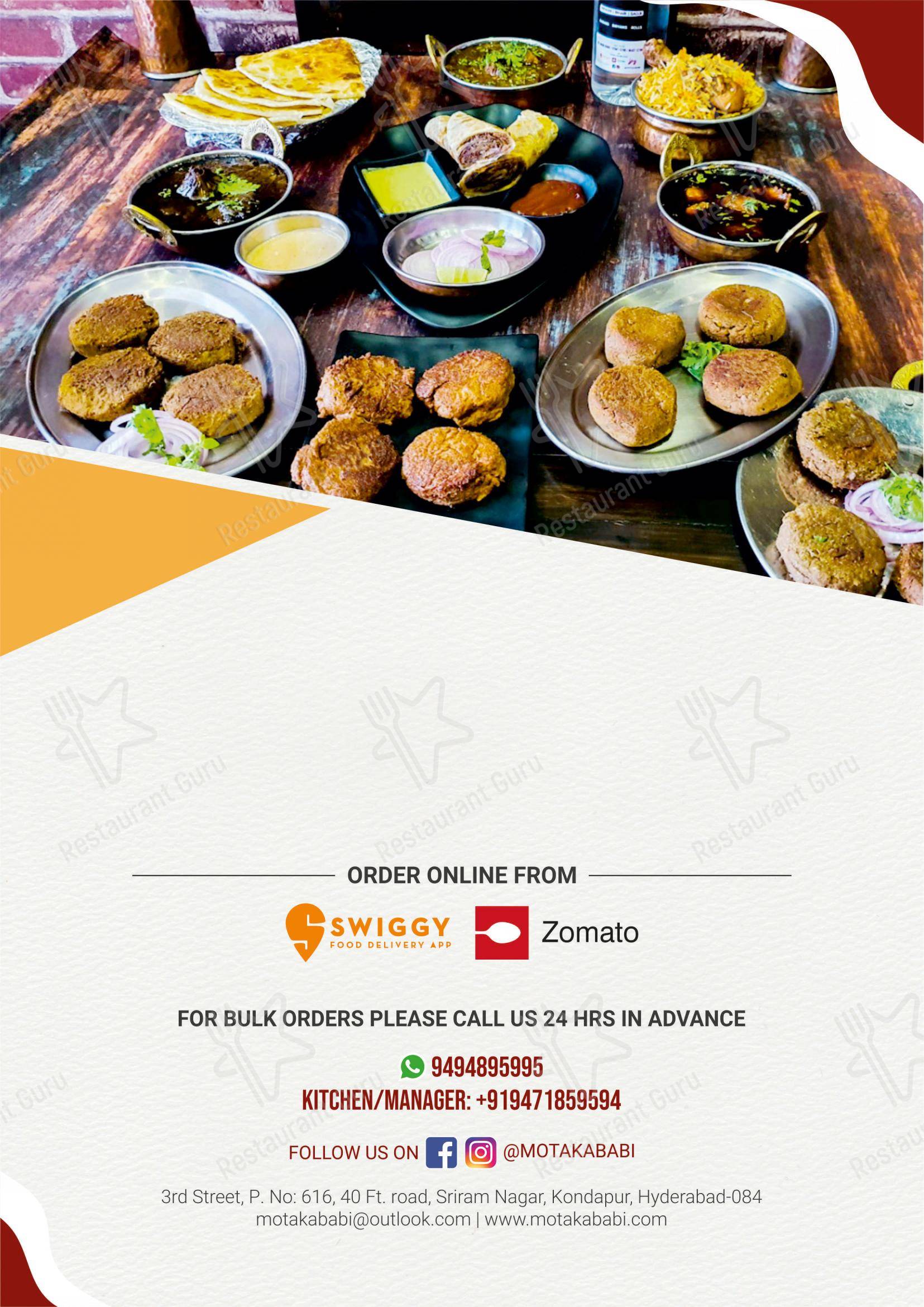 Menu for the MOTA KABABI restaurant