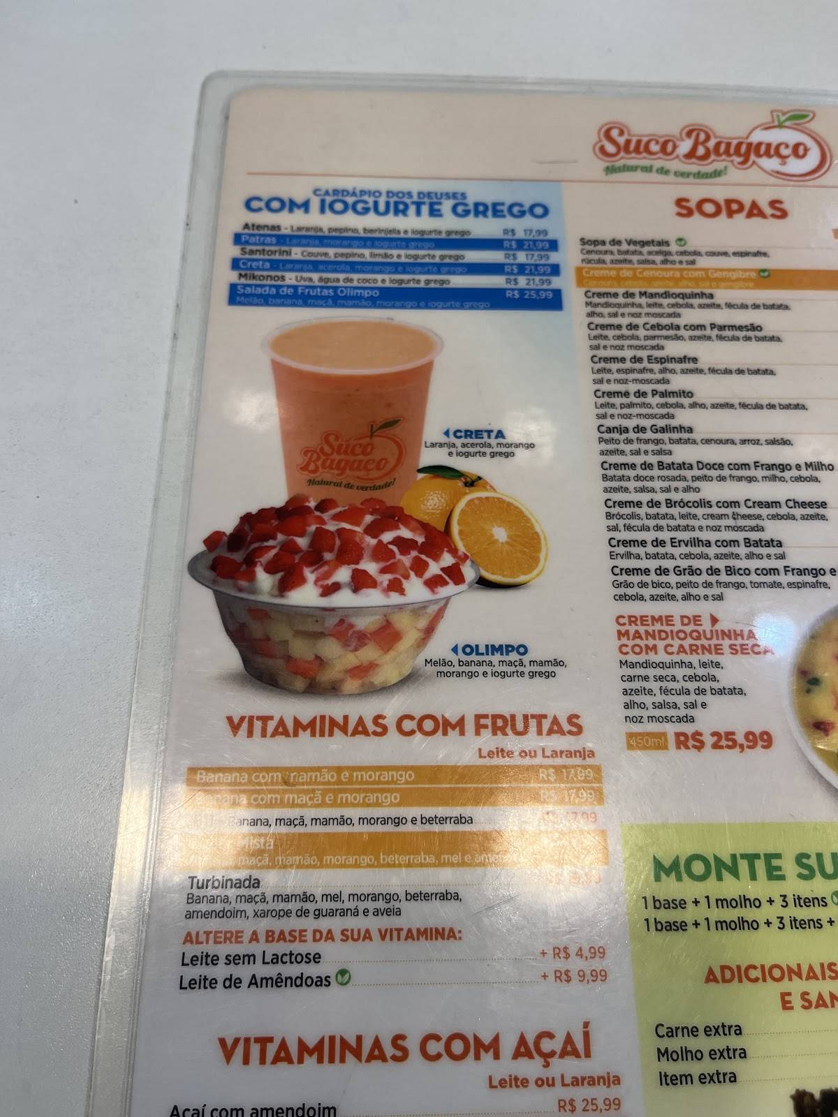 Suco Bagaço cardápio
