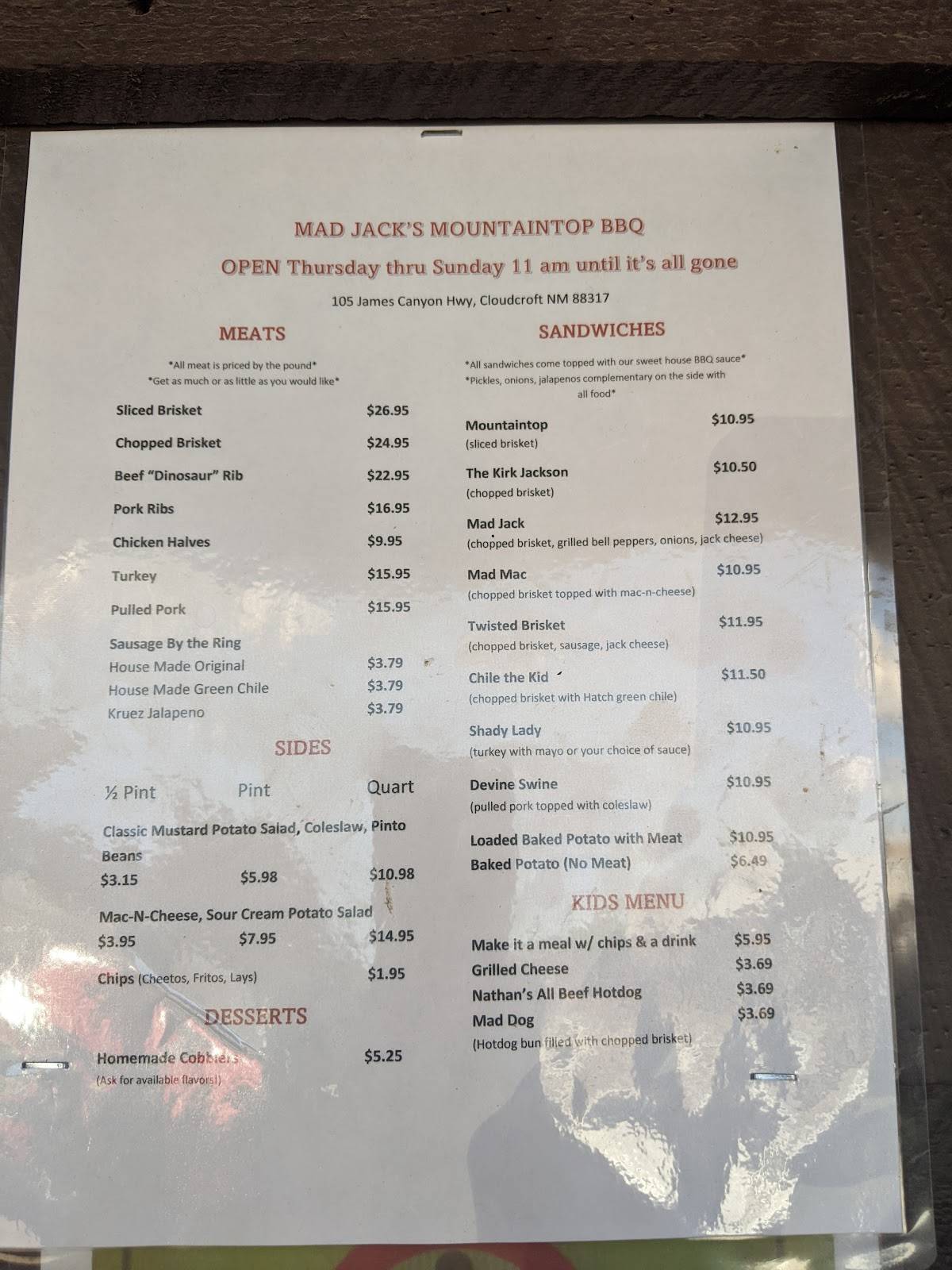 Menu At Mad Jacks Mountaintop Barbecue Cloudcroft