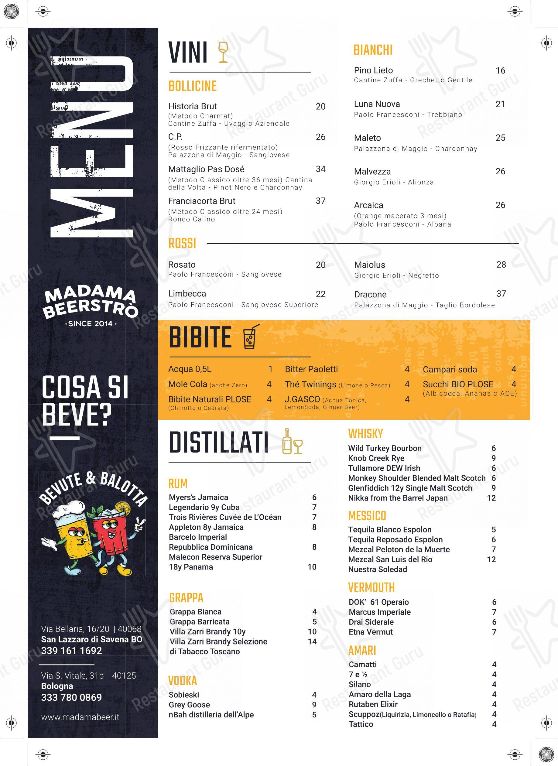 Menu per Madama pub & bar