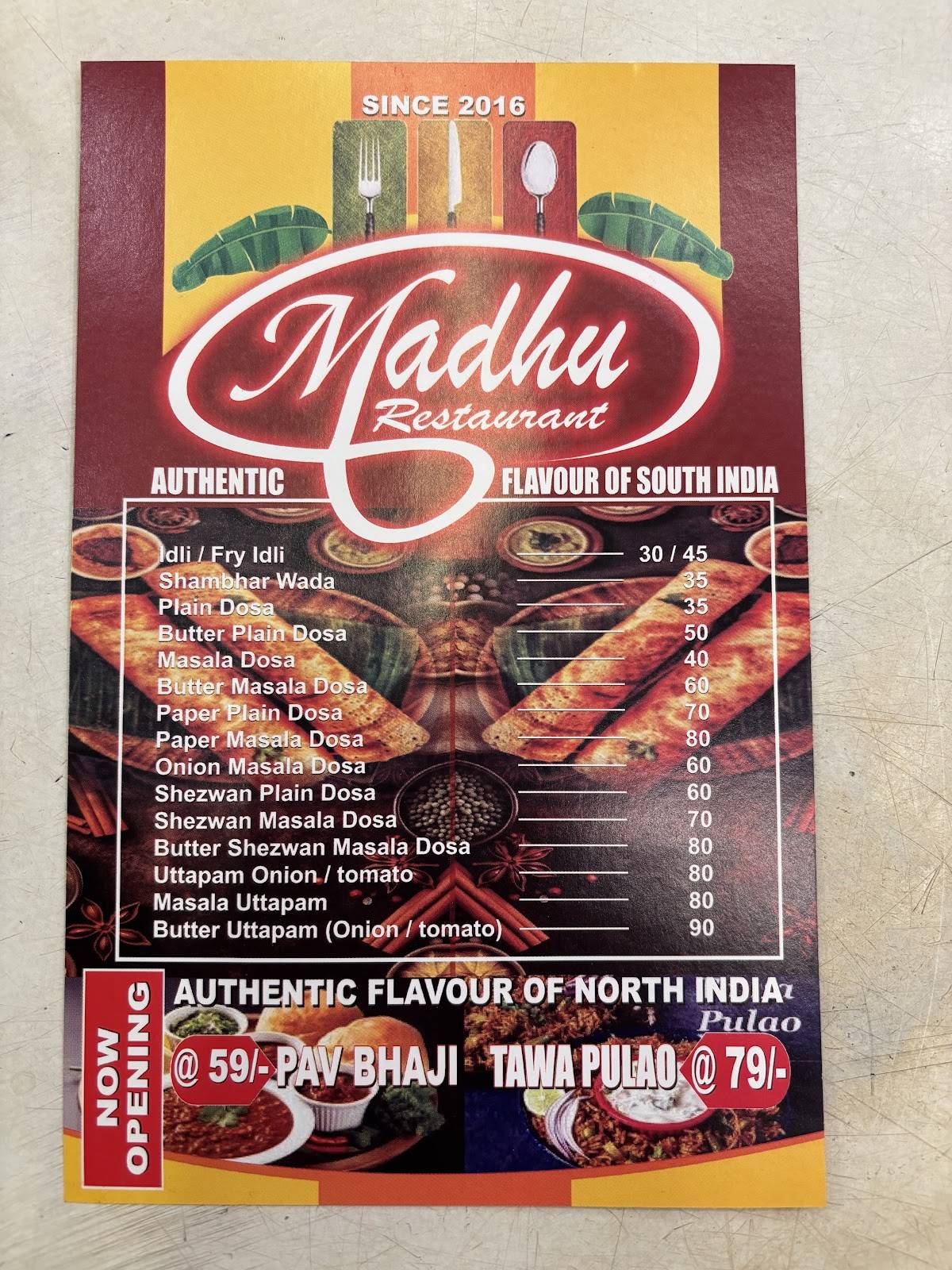 Madhu Restaurant menu