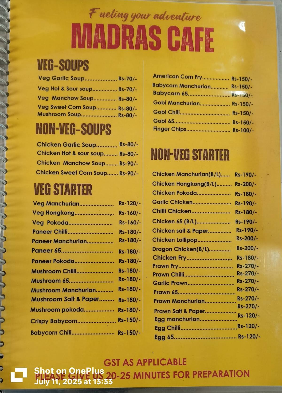 Madras Cafe menu