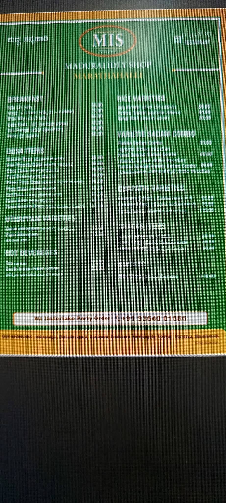 Madhurai idly shop menu