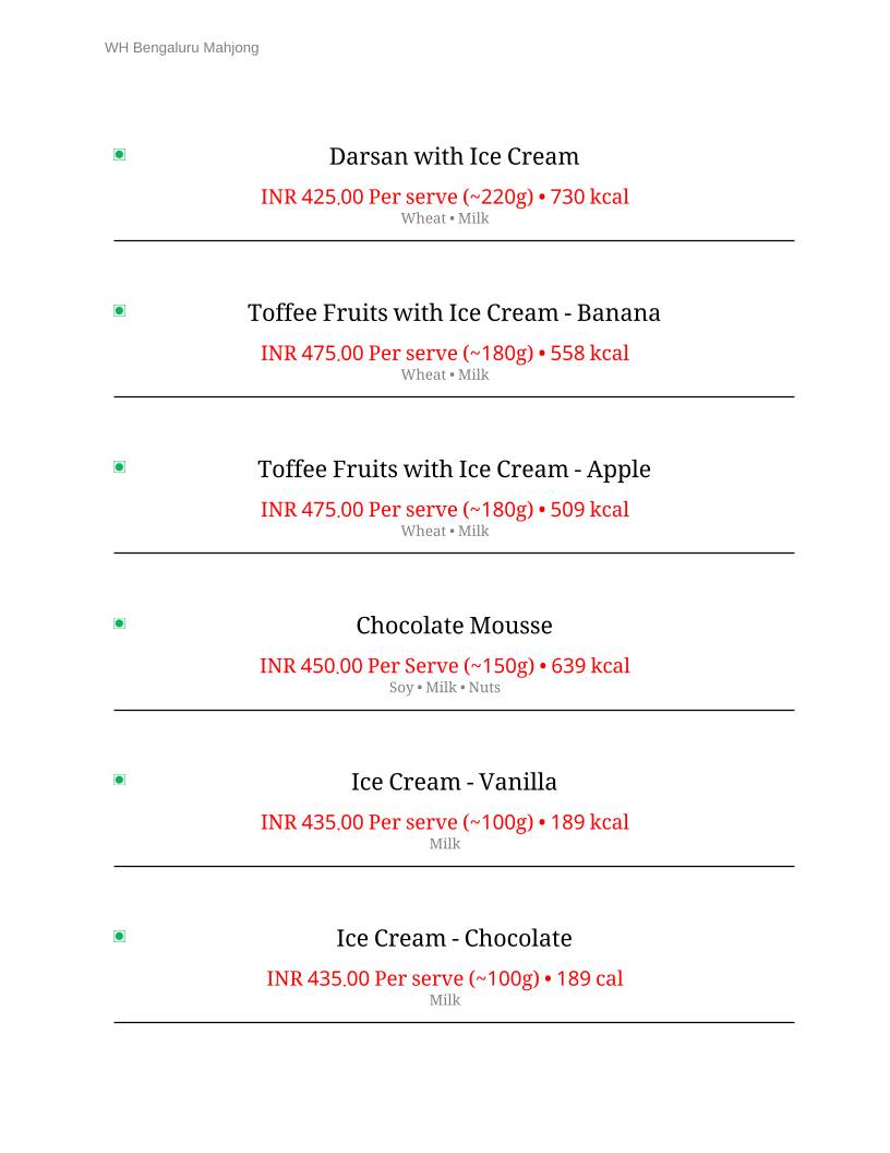 Mahjong Room menu