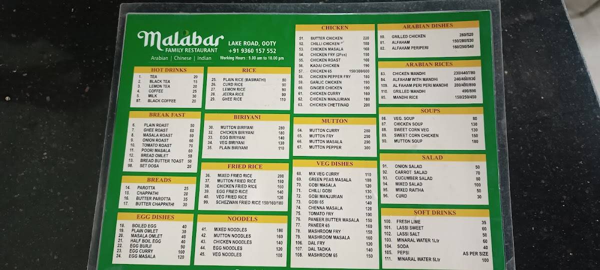 Malabar Restaurant menu
