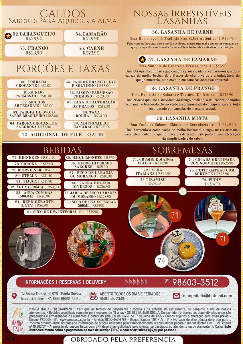 Manga Itália - Restaurante cardápio