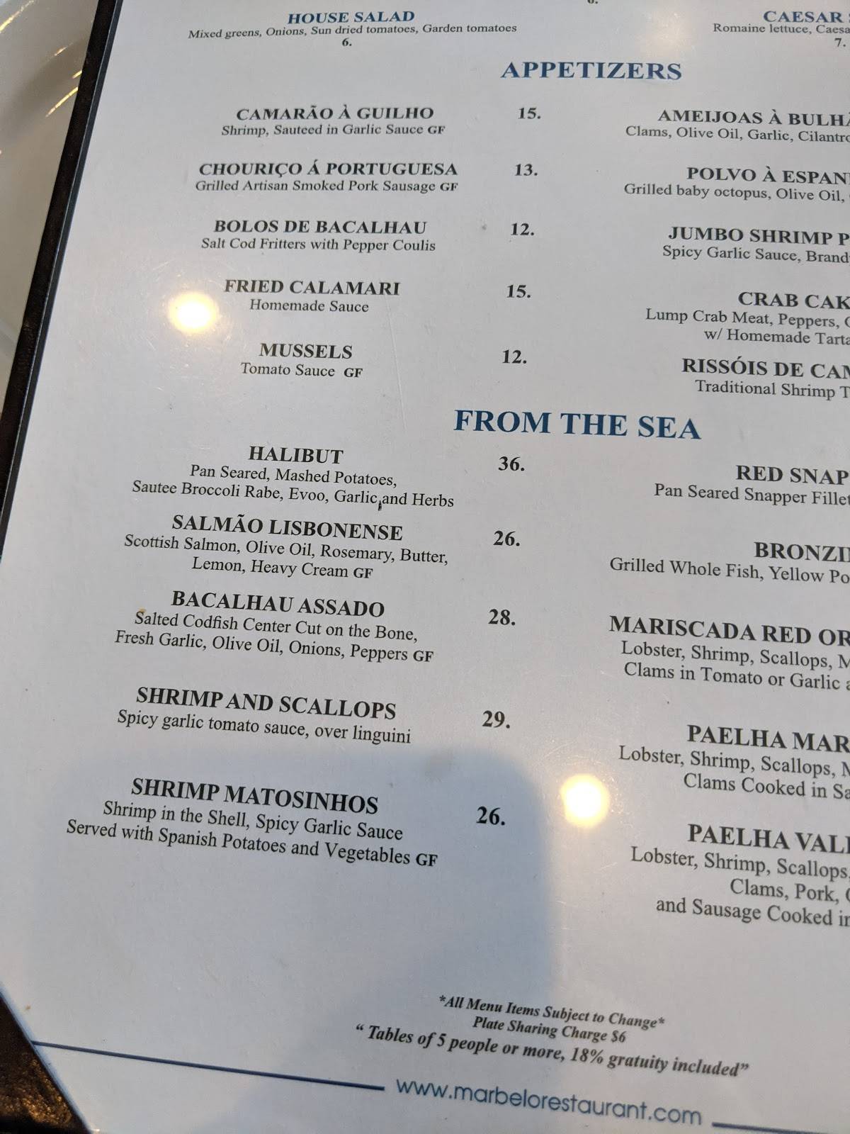 Menu at Mar Belo Portuguese Restaurant/Lounge, Long Branch
