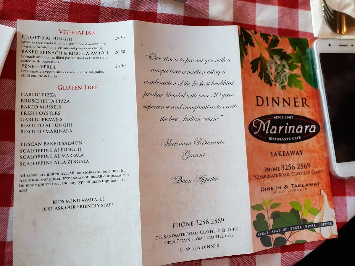 Menu at Marinara Restaurant Clayfield, Clayfield