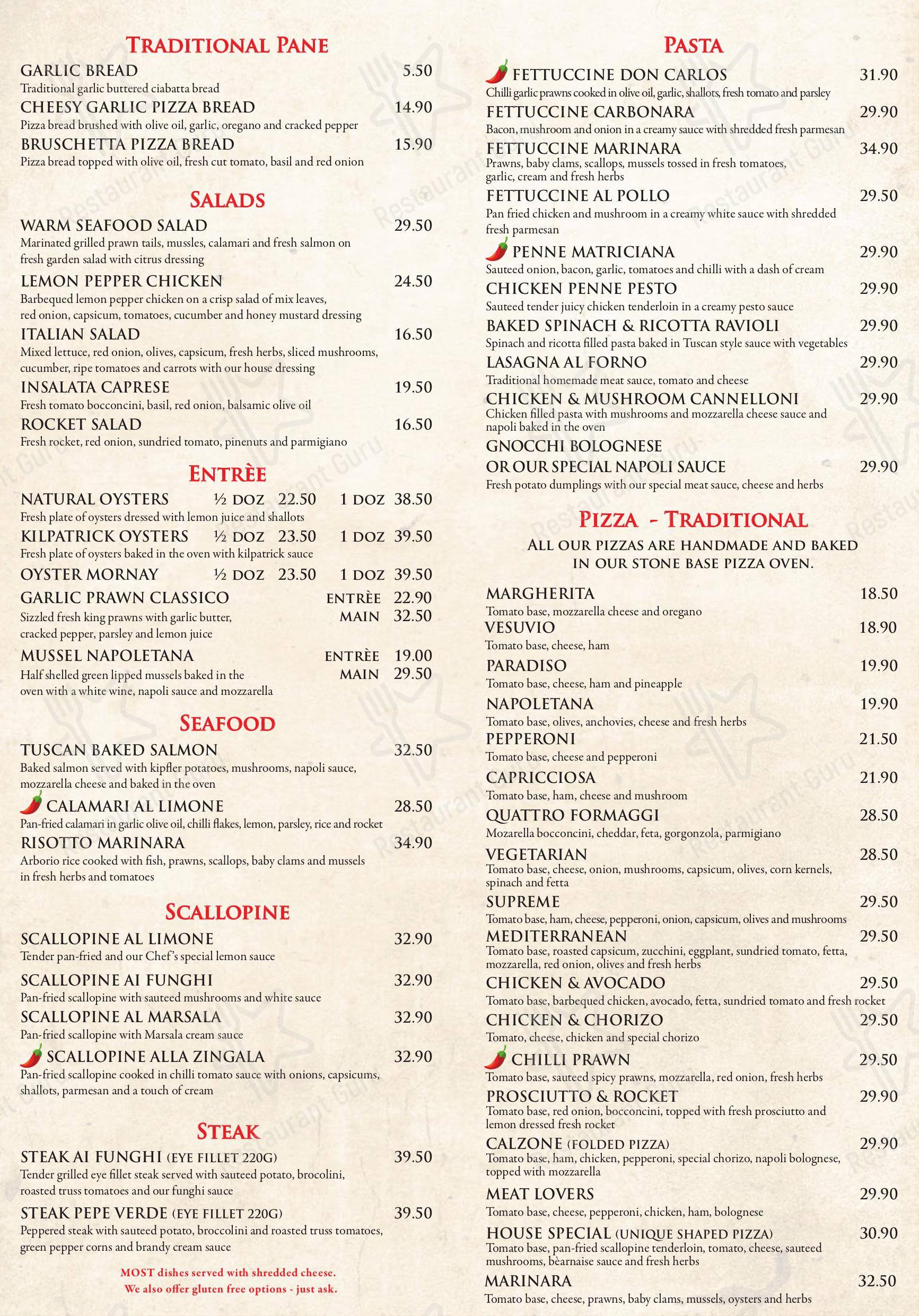 Menu at Marinara Restaurant Clayfield, Clayfield