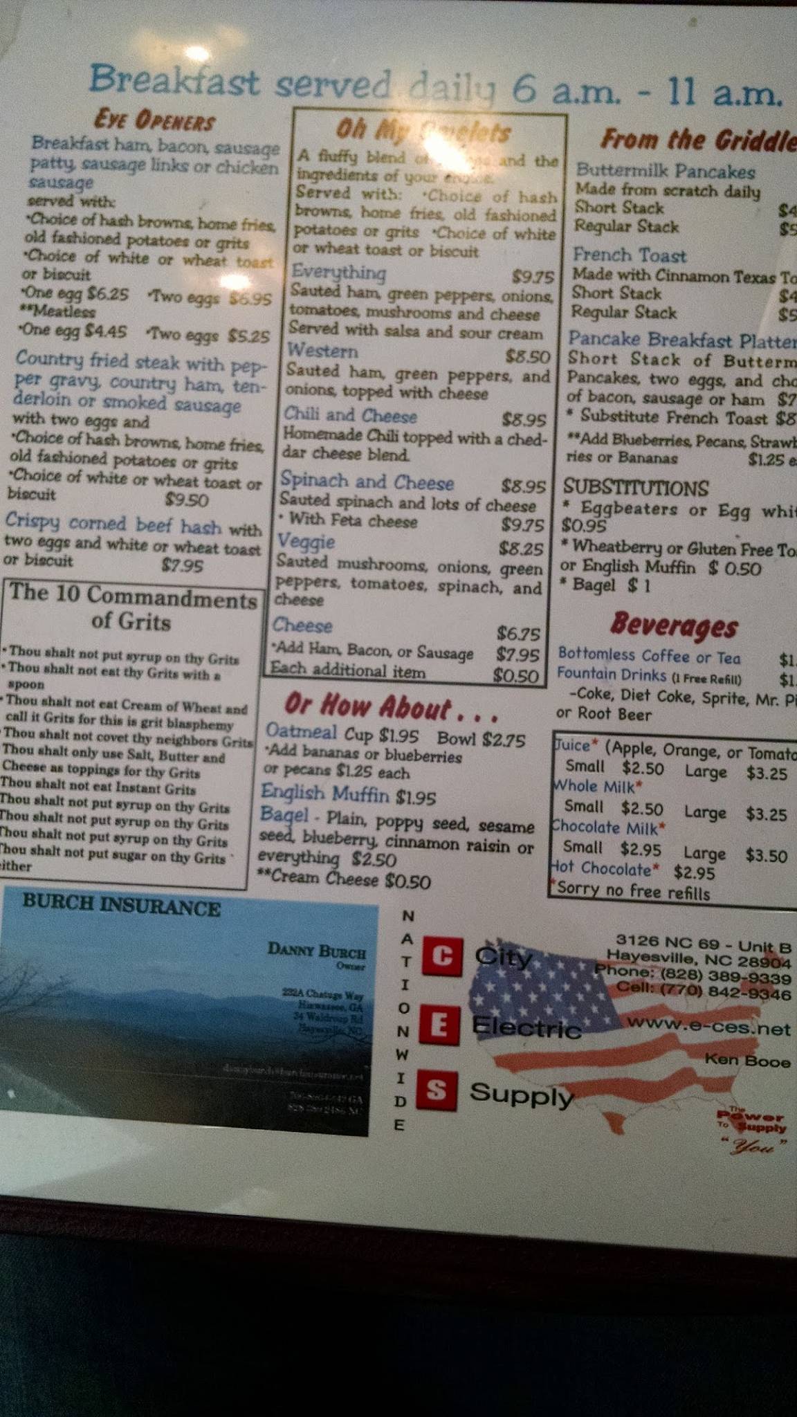 Menu at Mary's Southern Grill restaurant, Young Harris