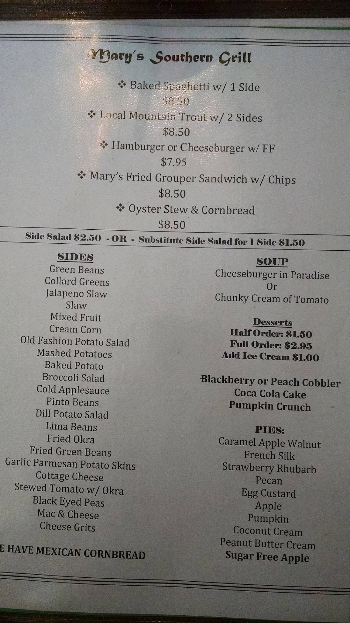 Menu at Mary's Southern Grill restaurant, Young Harris
