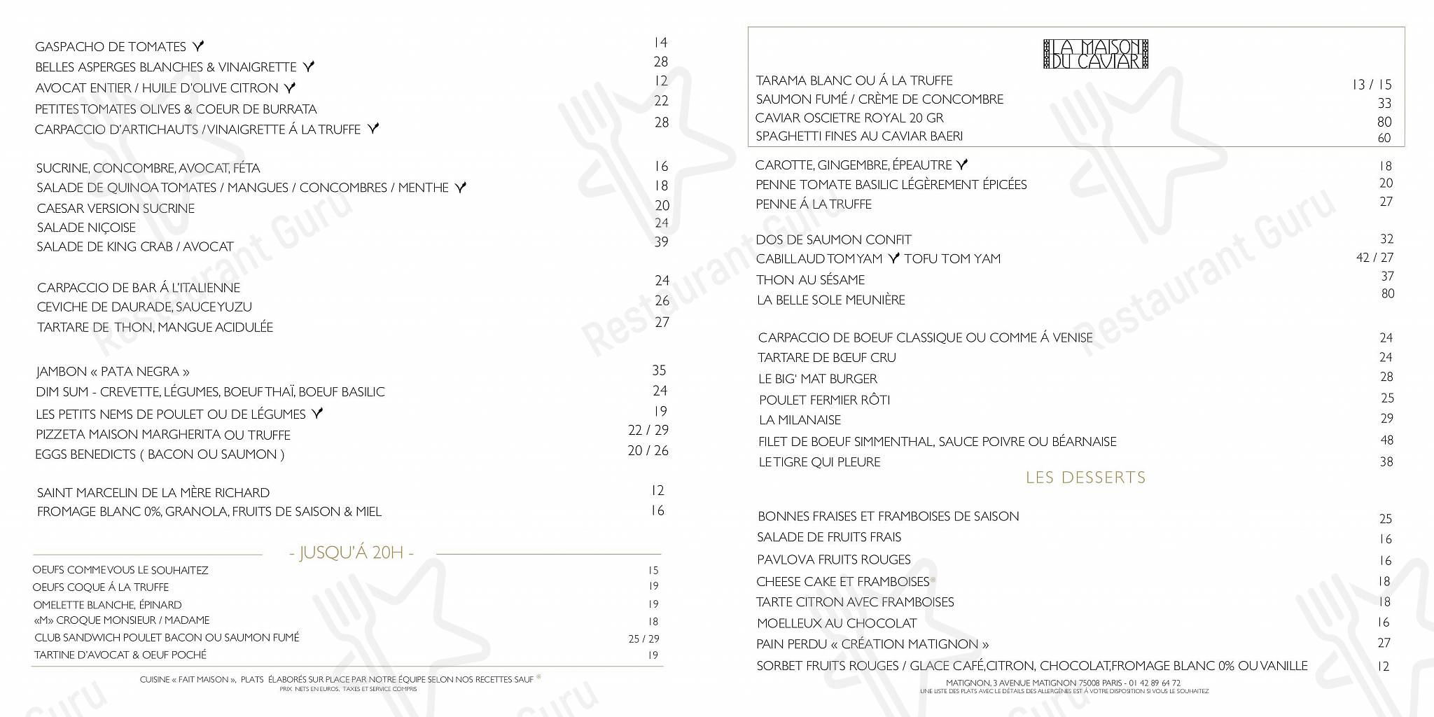 Dinner Menu pour Matignon boite de nuit