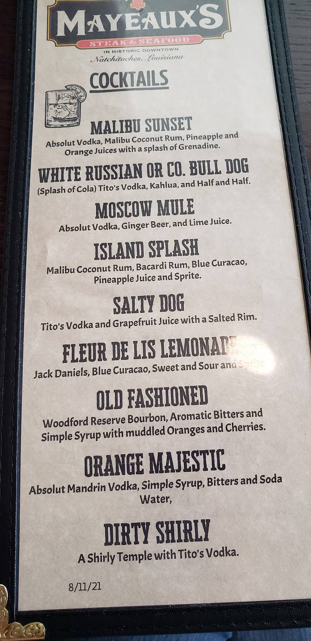 Menu at Mayeaux's Steak & Seafood Restaurant, Natchitoches