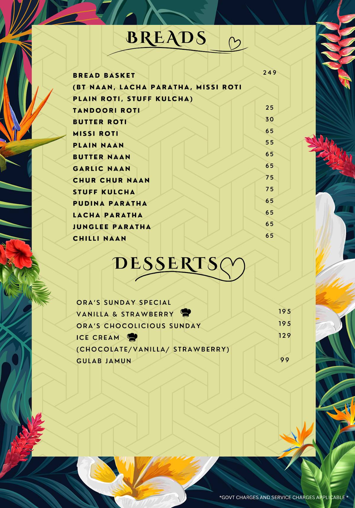 Ora Lounge menu