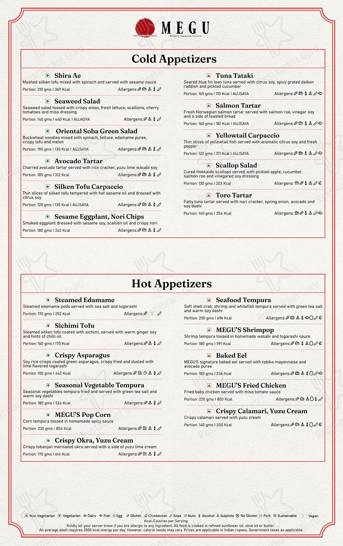 Menu bar for Megu Restaurant in New Delhi