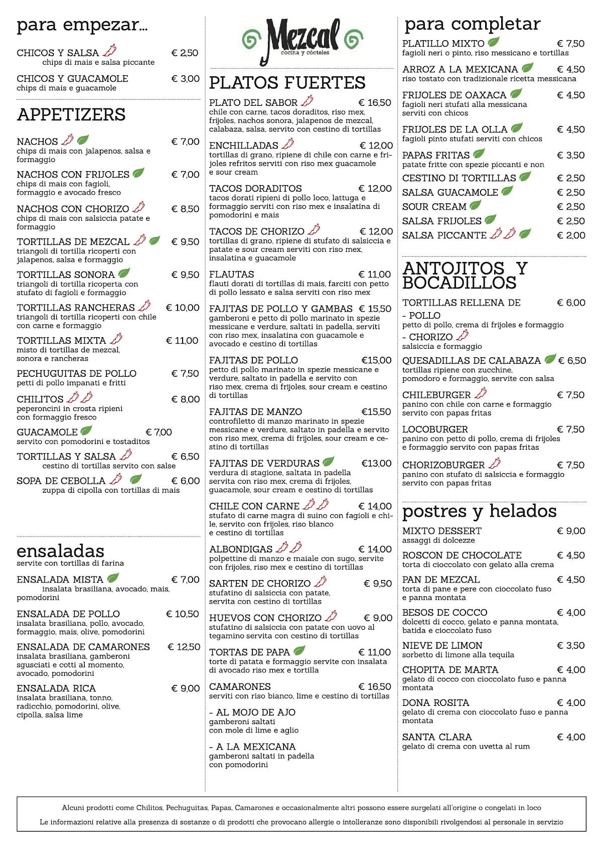 Menu di Mezcal 