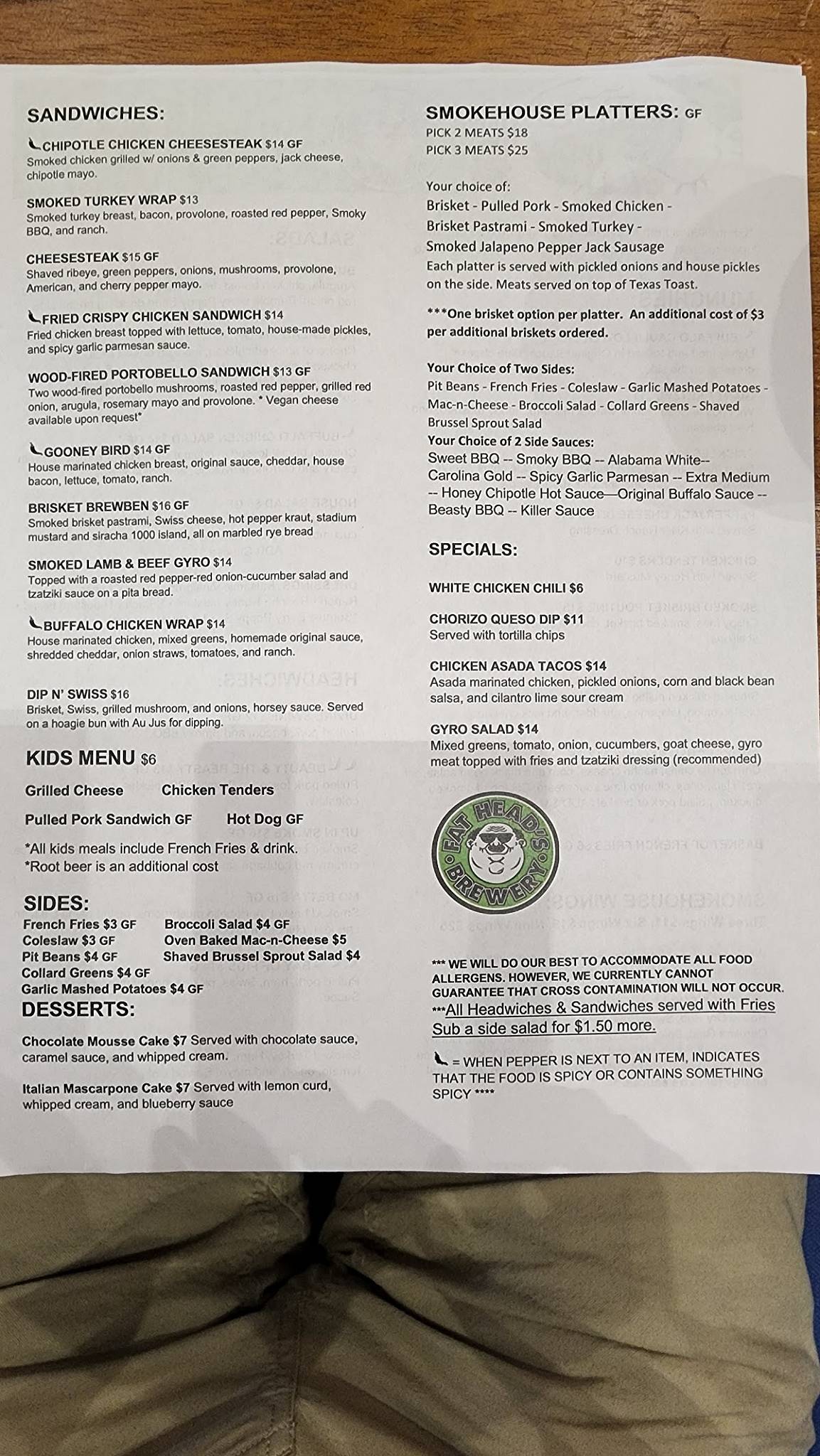 Menu at Fat Head's Brewery restaurant, Middleburg Heights
