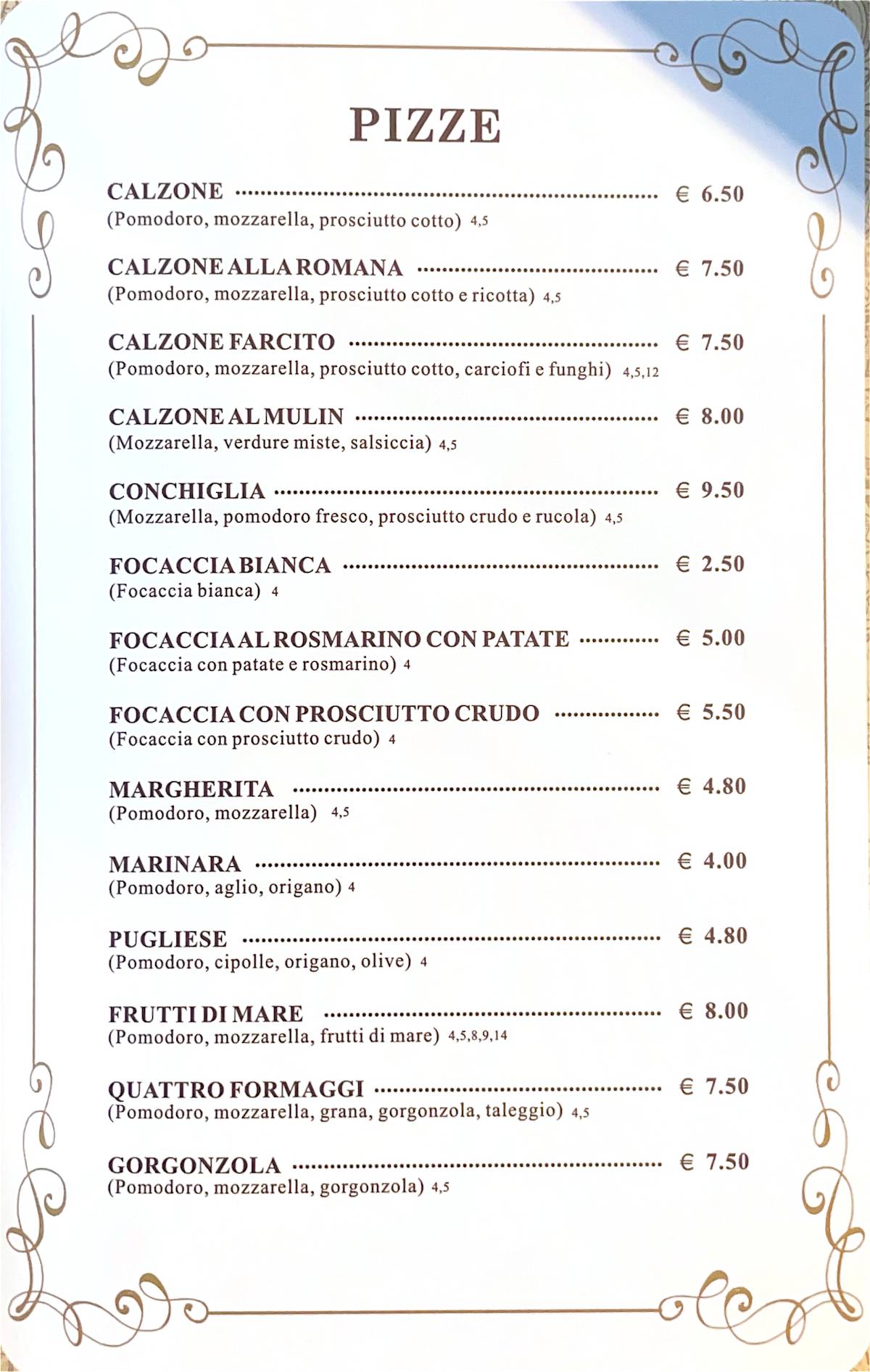 Menu di Mulin de Milan 