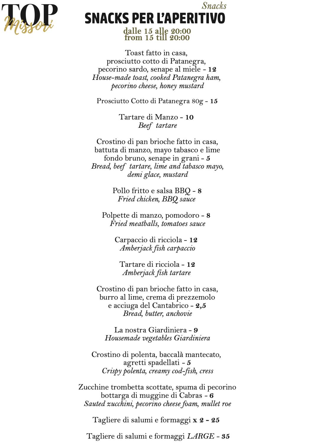 Menu di Top Missori Bistrò 