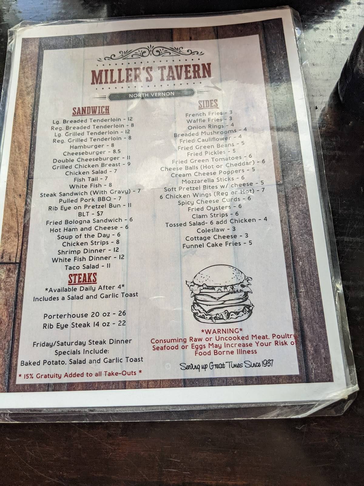 Menu at Miller's Tavern pub & bar, North Vernon