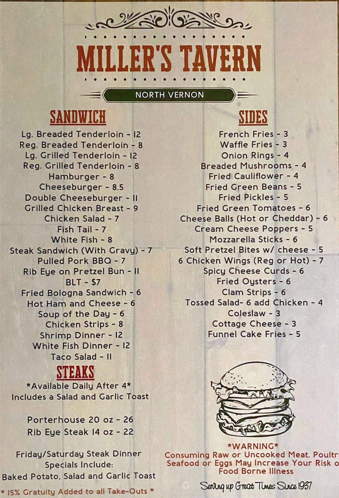 Menu at Miller's Tavern pub & bar, North Vernon